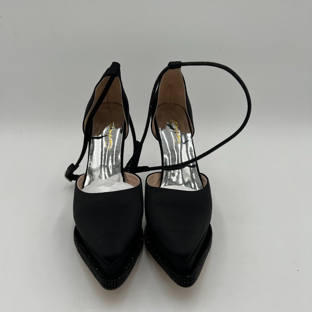 XYD Black Pointed Toe Platforms Crystal Ankle Wrap Strappy Block Heel Satin Shoe - Picture 3 of 7